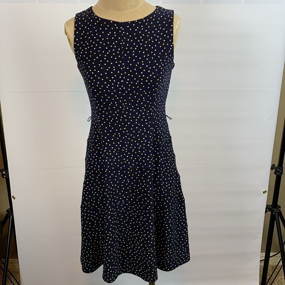Tommy Hilfiger yellow and white polka dot navy sleeveless dress, Size 2
